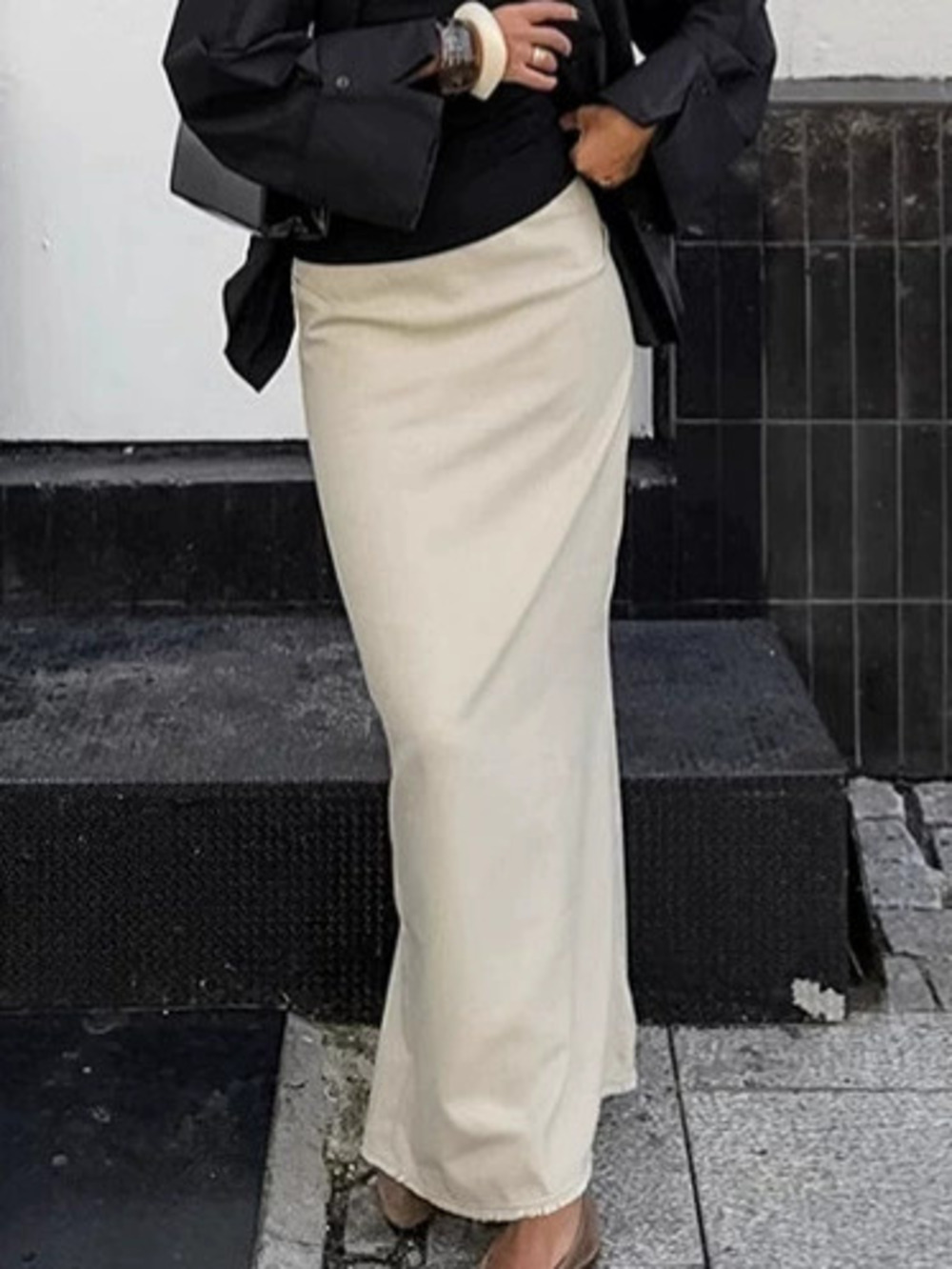 Forever 21 Khaki Distressed Raw Hem High Waist Cotton Long Pencil Skirt